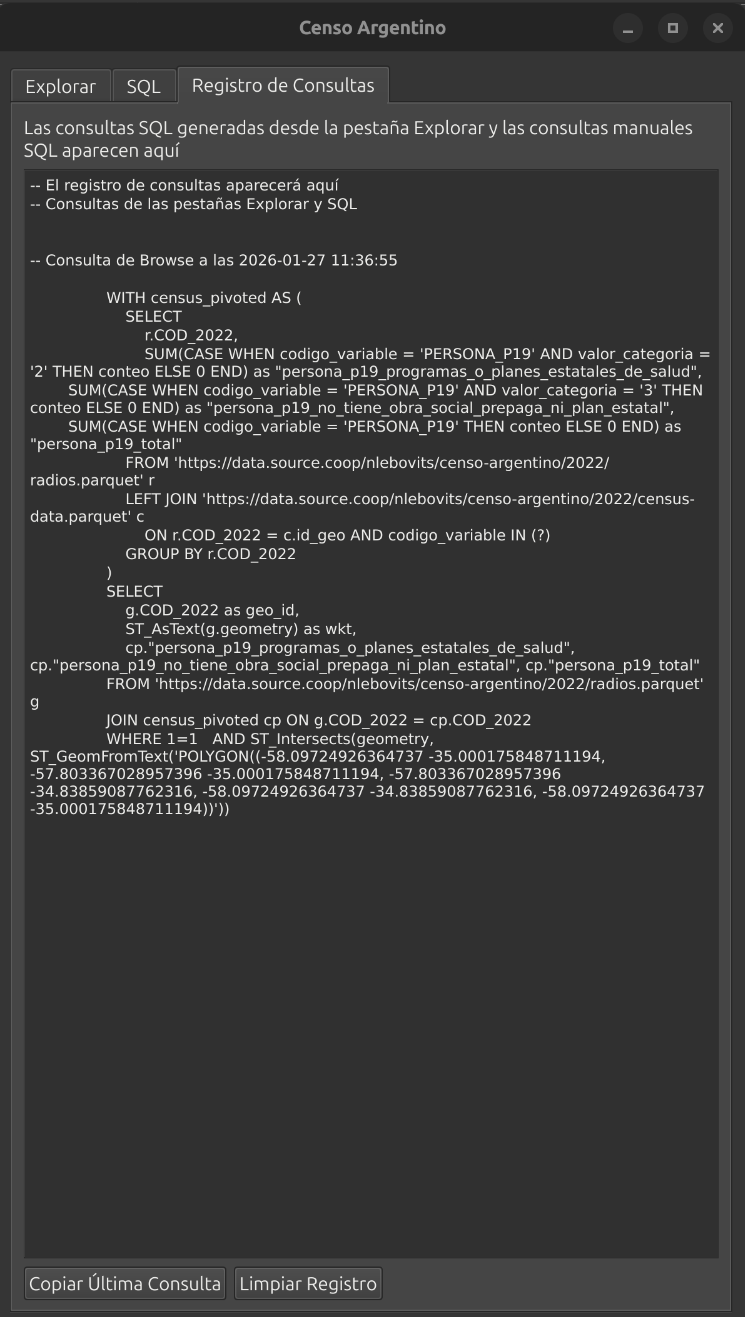Panel de registro de consultas